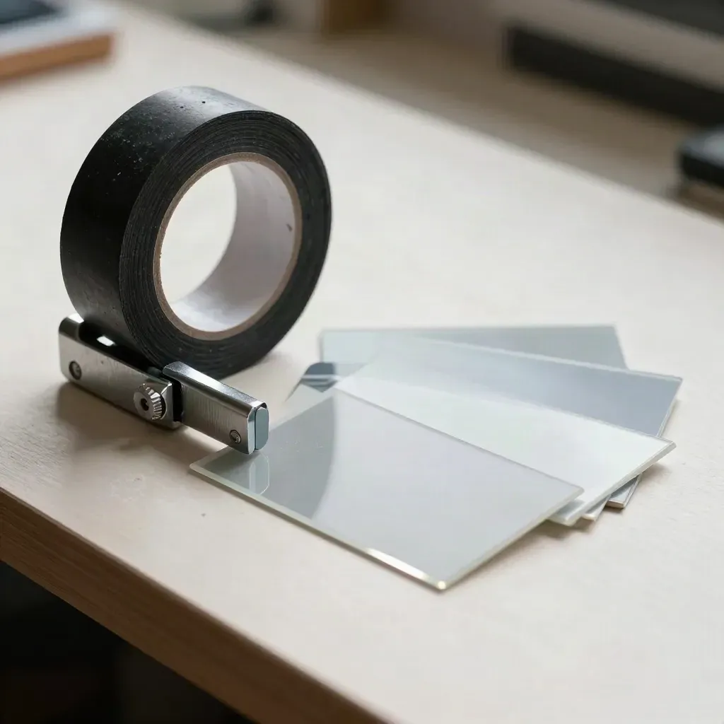 Gaffer tape roll, aluminium clamp and frosted swatches on pale plaster with dust.