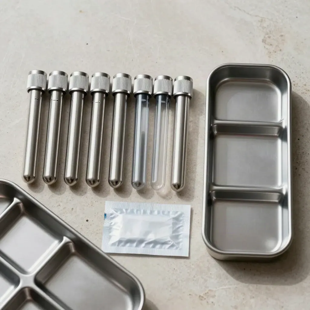 Top-down clinic kit with steel specimen tubes, blister packs, and tray on brushed stone.