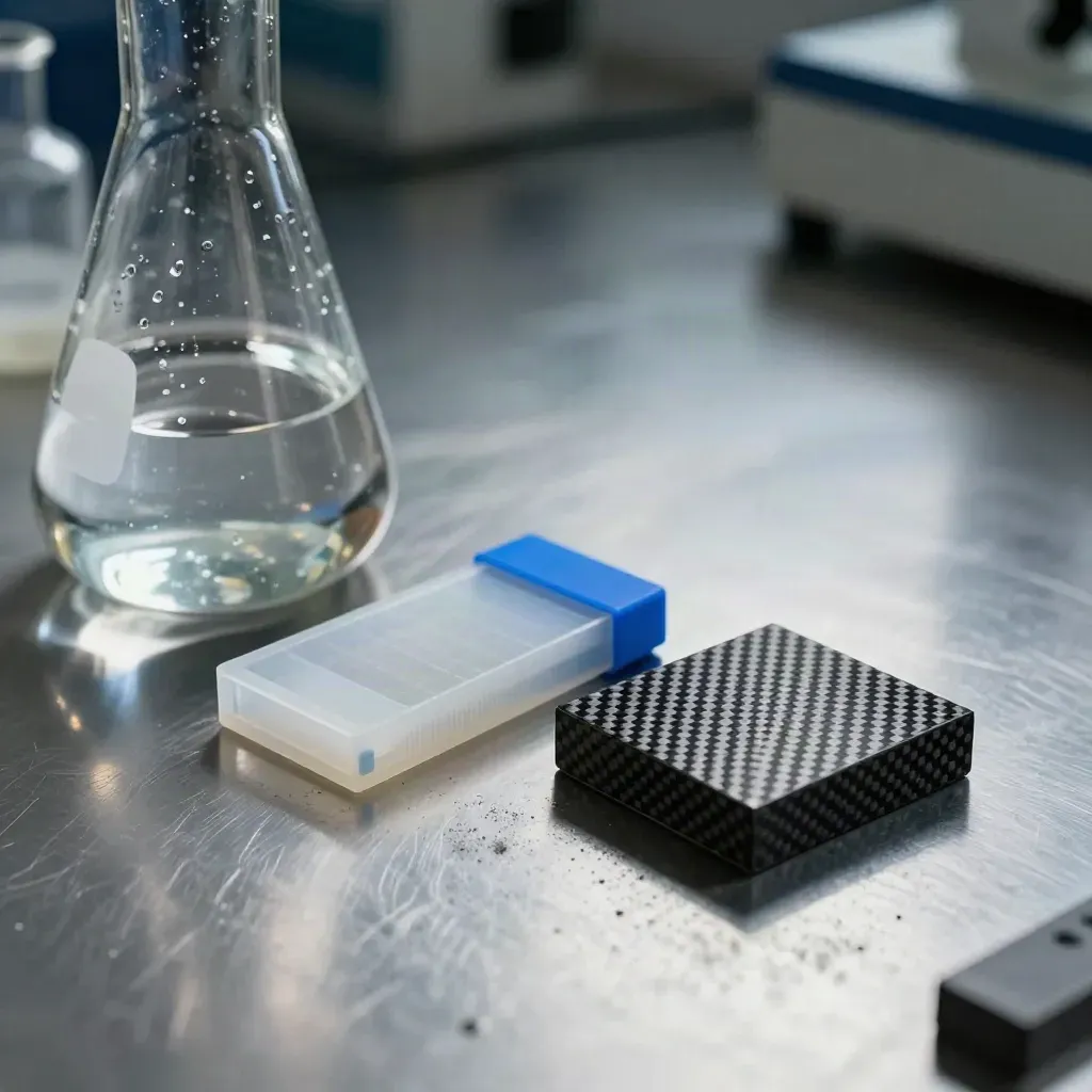Glass lab flasks, wafer sleeve and carbon-fibre puck on brushed steel with blue accent.