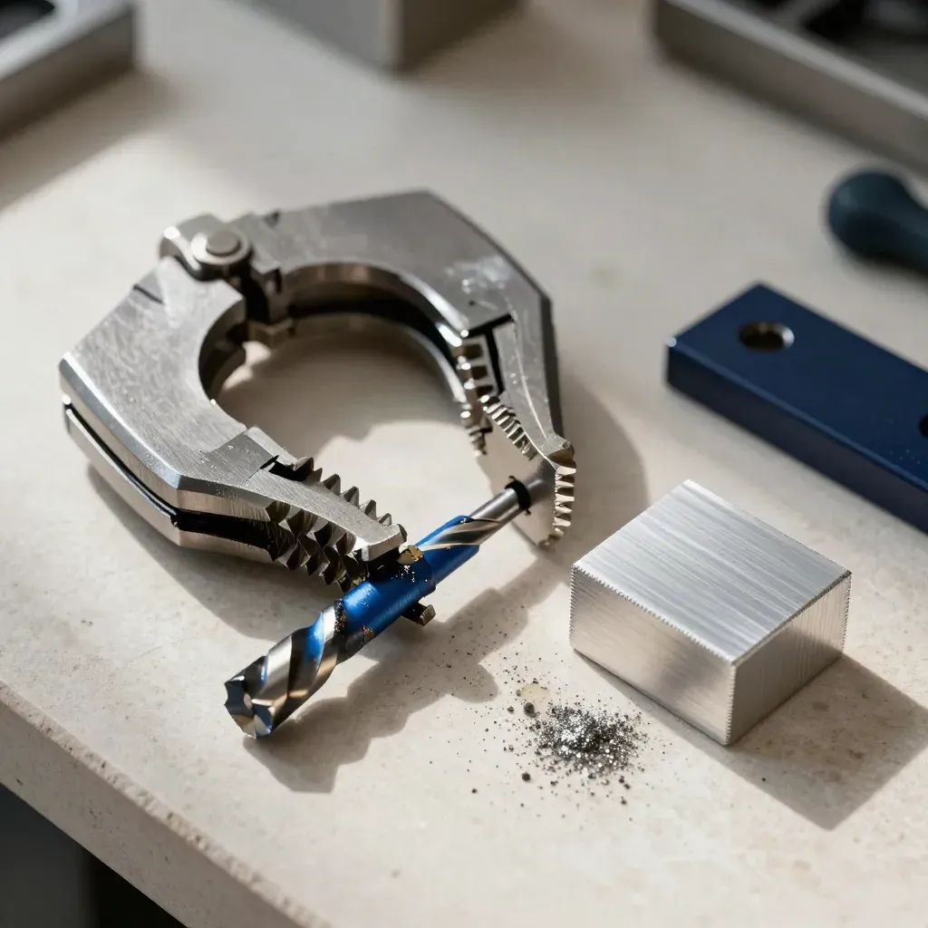 Top-down metalwork still life with clamp jaws, drill bit, and aluminium offcut on pale stone.