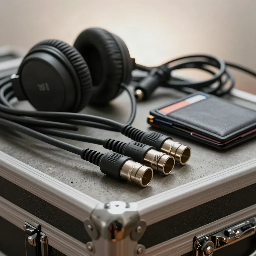 Coiled broadcast cables, headphone case, and SD wallet on a concrete surface