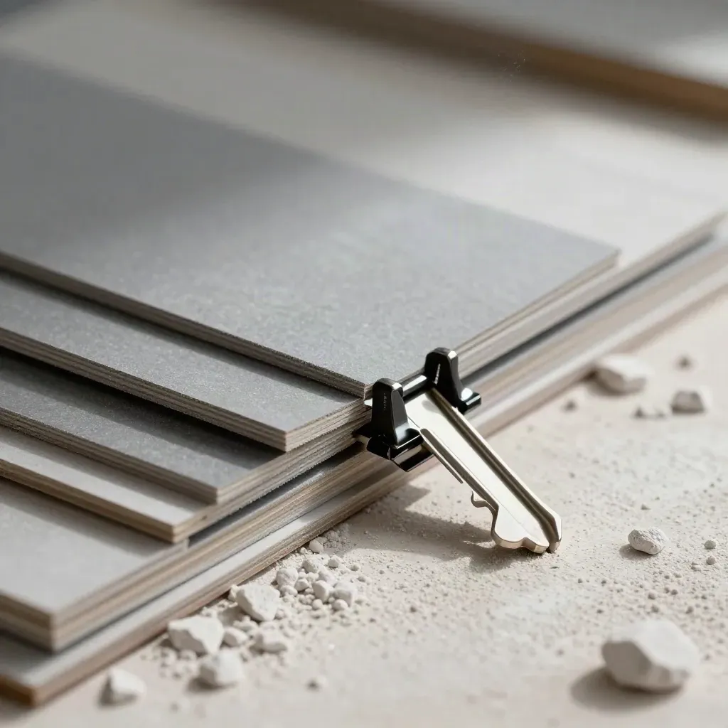 Foamcore model pieces, binding clips, and plaster dust in a dramatic macro still life.