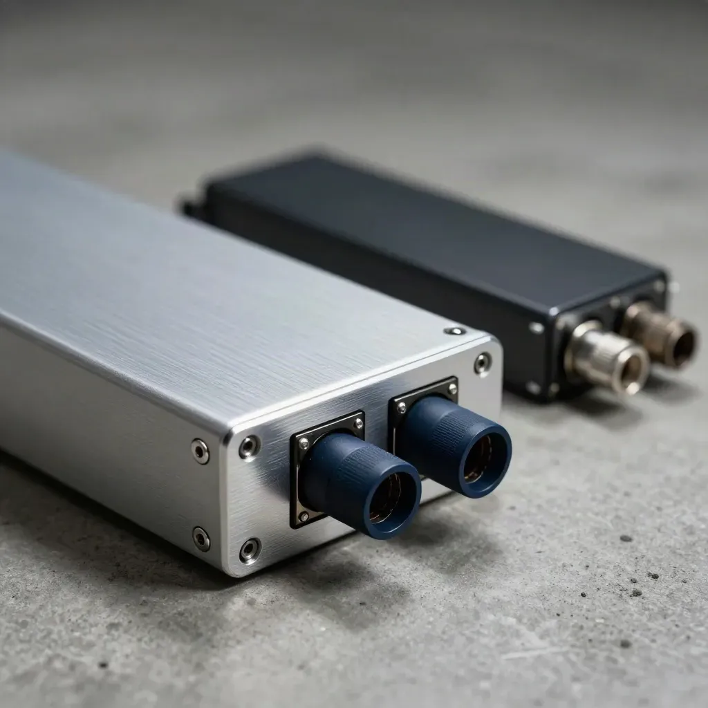 Macro of a server tray, blanking plate and two fibre couplers on concrete.