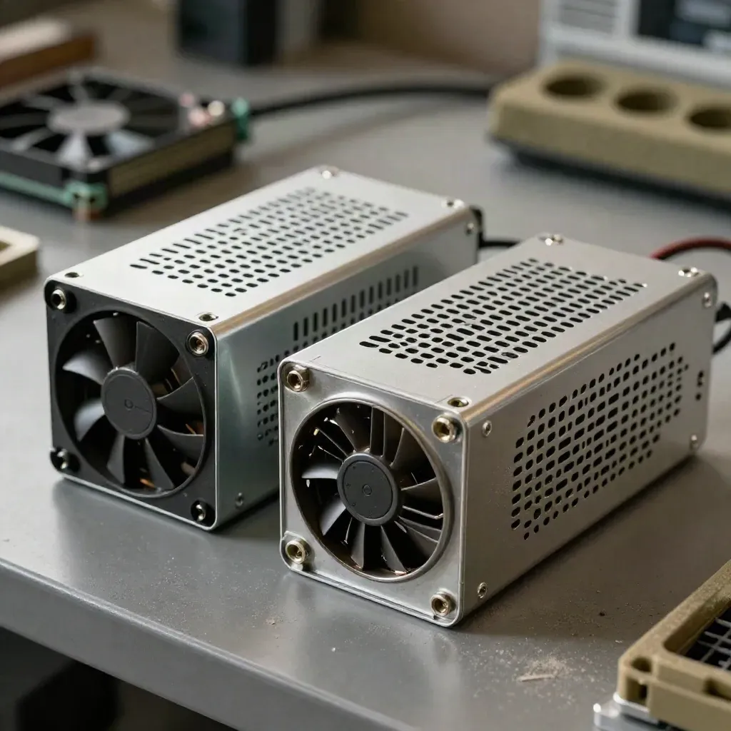 Hot-swap power supplies, fan module, and foam packaging on a graphite bench