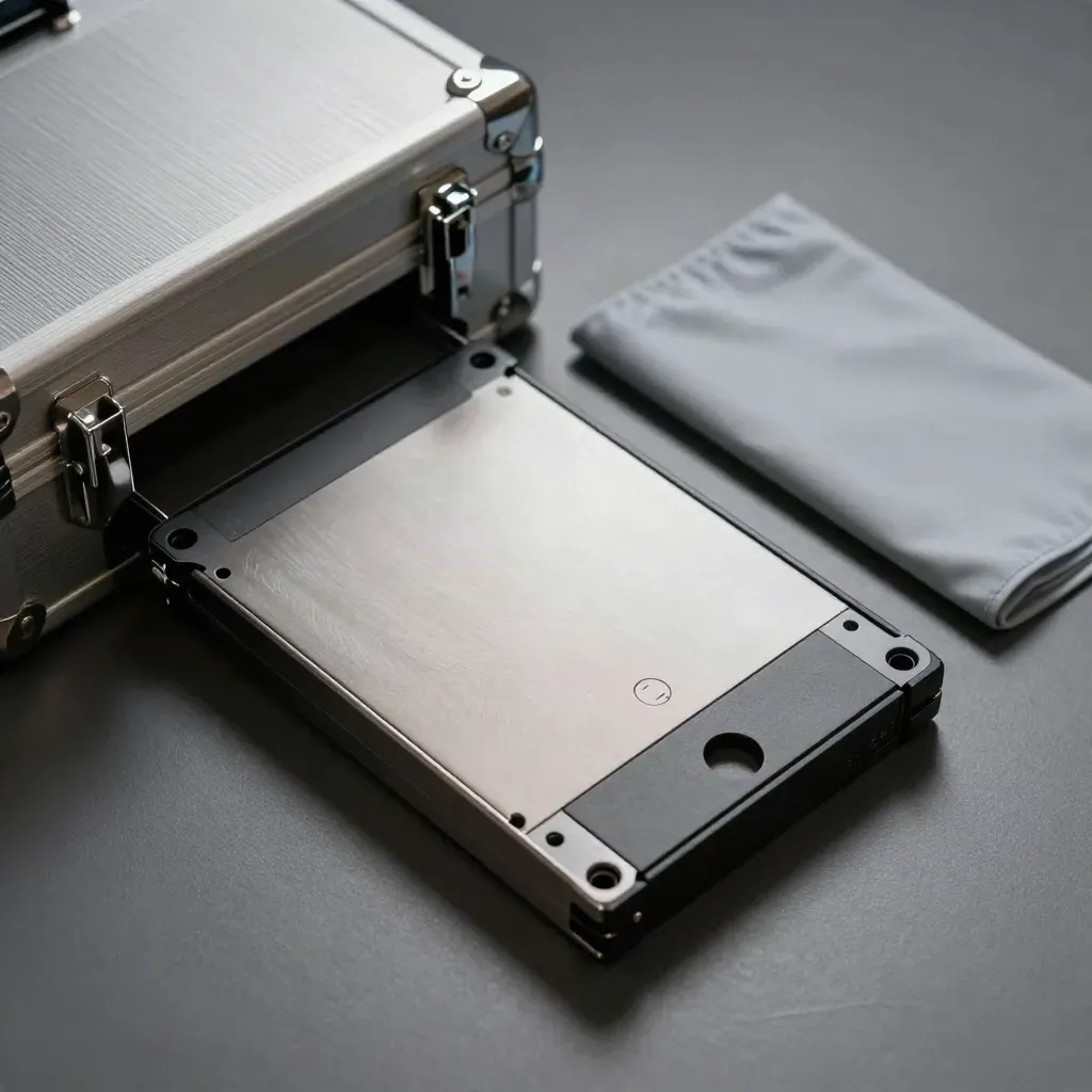 LTO backup tape cartridge with metal case and anti-static sleeve on a slate work surface.
