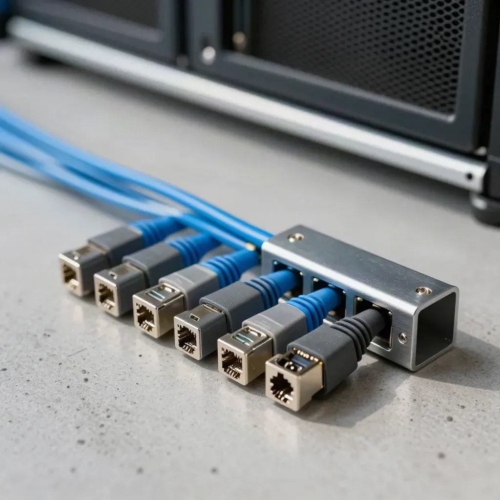 Cable patch leads and RJ45 couplers beside a compact rail kit on concrete.