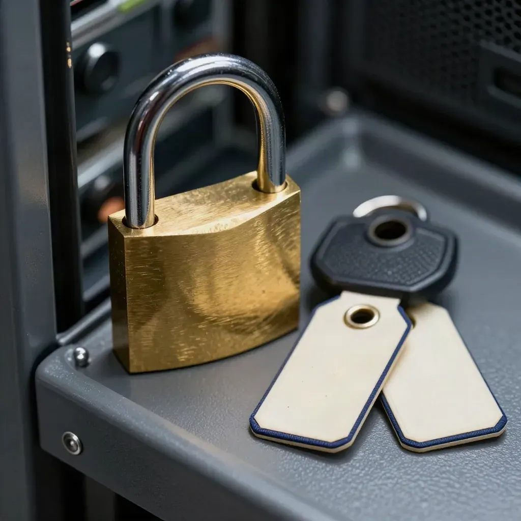 Brass padlock, security key and blank tamper tags on a graphite surface.