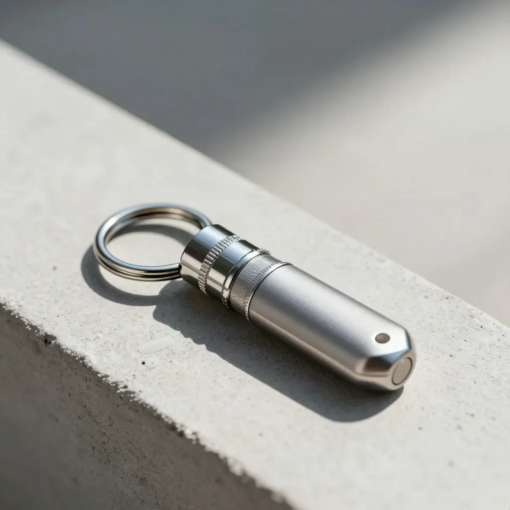 Metal network coupler, chrome ring and key fob on concrete under dramatic studio light.