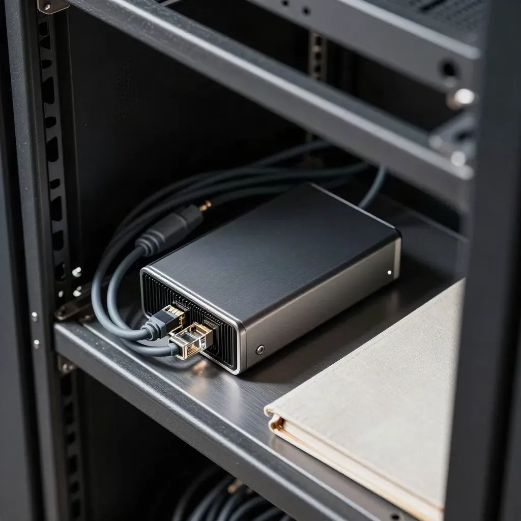 Mini-server, SSD, ethernet lead and closed notebook in a rack aisle, seen through blurred rails.