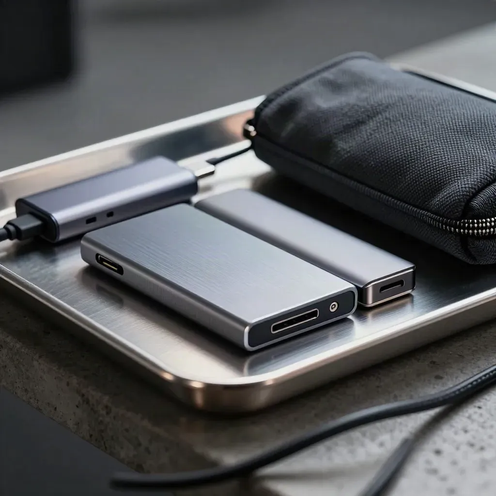 Macro still life of SSDs, a USB-C hub, and a cable pouch on a brushed-metal tray.
