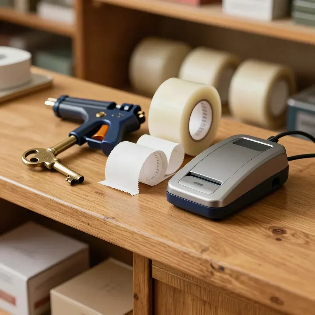 Macro still life of retail back-room tools on a honey-oak counter with soft bokeh