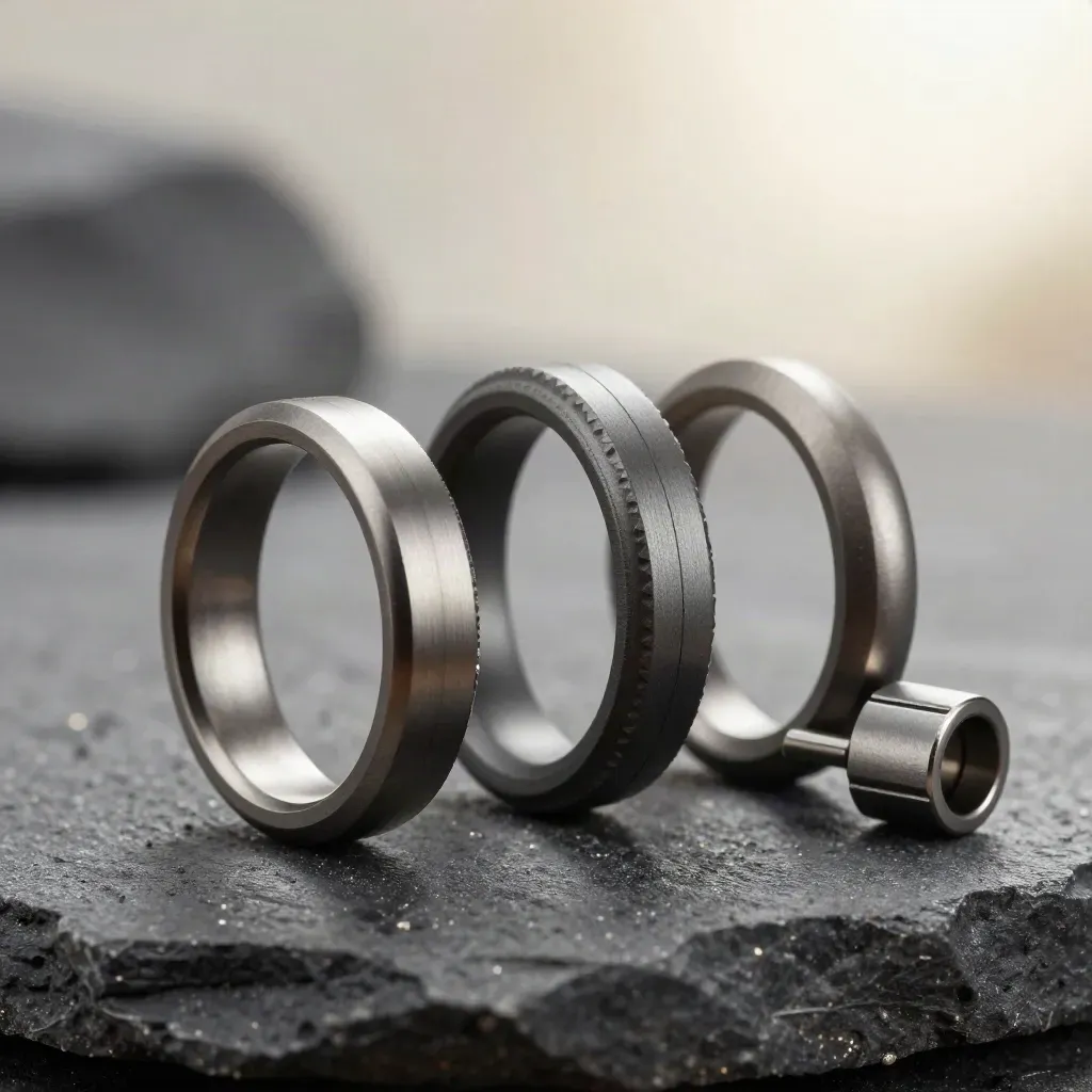 Three machined rings and a connector block linked on dark stone, photographed in extreme macro.