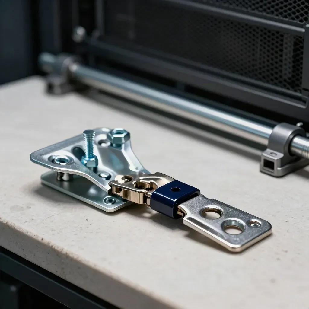 Joined aluminium brackets and hinge hardware on pale stone, lit dramatically for cloud integrations.