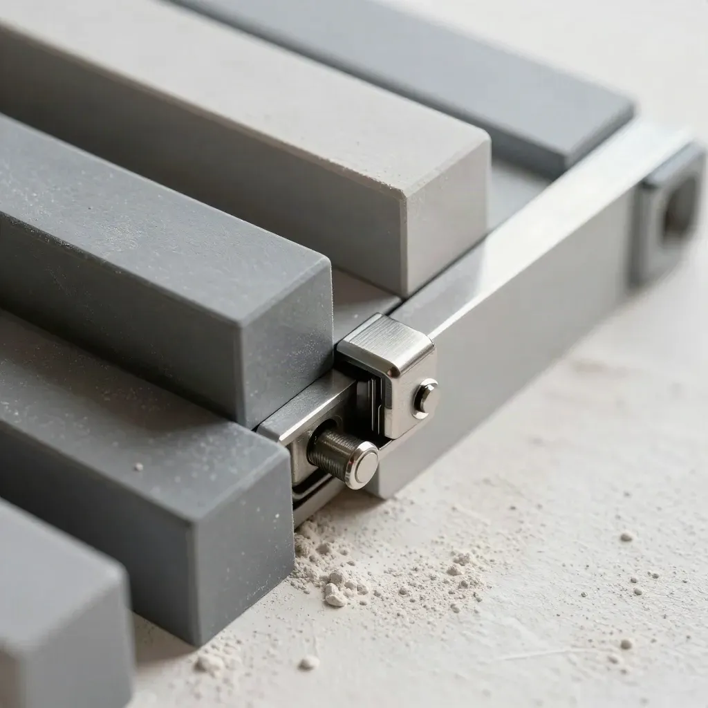 Overhead closeup of modular blocks, pin and alignment plate sliding diagonally on pale plaster.