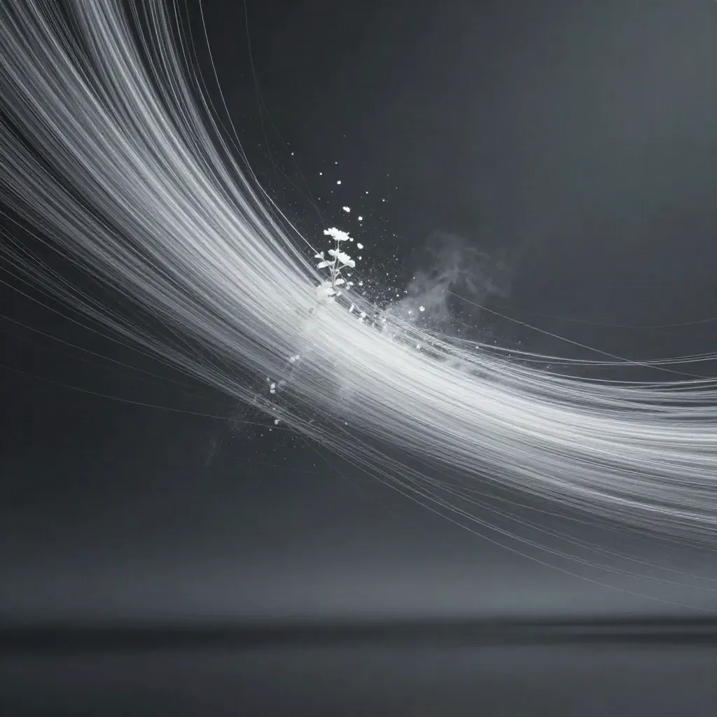 Silver filaments converge into a soft white bloom in deep graphite haze.