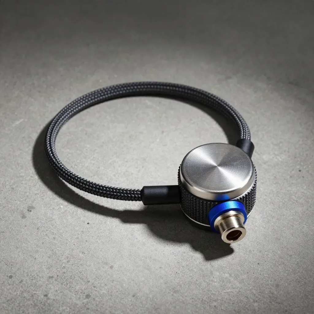 Top-down still life of a sensor puck, cable loop and metal cap on brushed concrete.